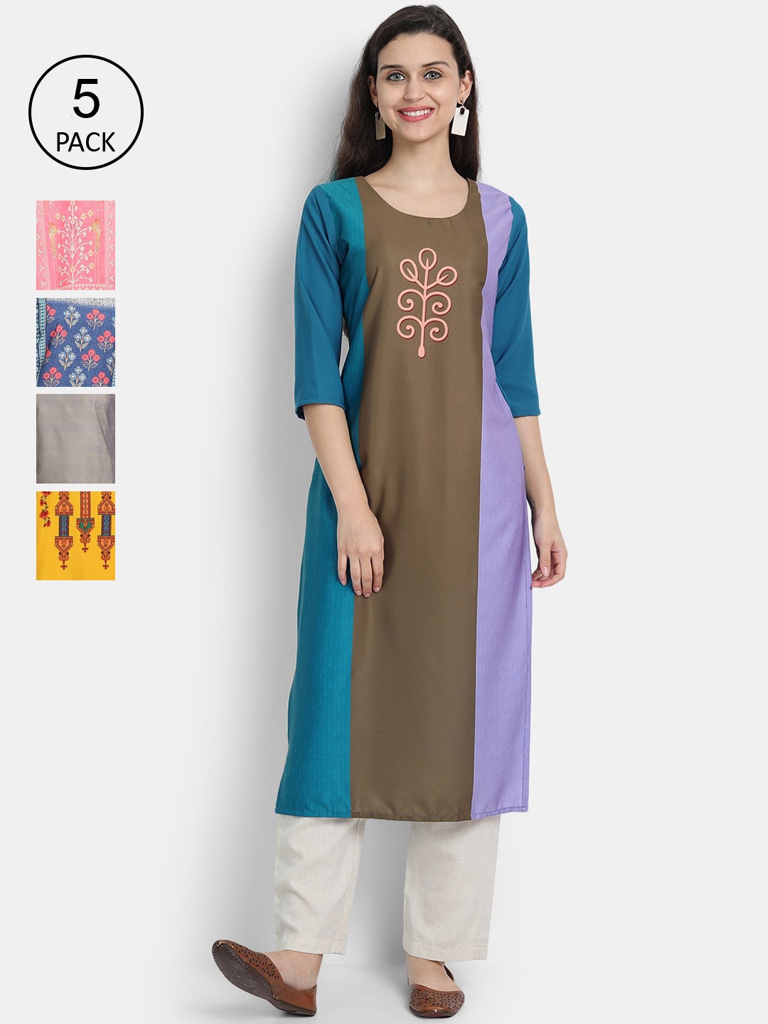 

7Threads Women Pack Of 5 Printed Crepe Kurtas, Brown