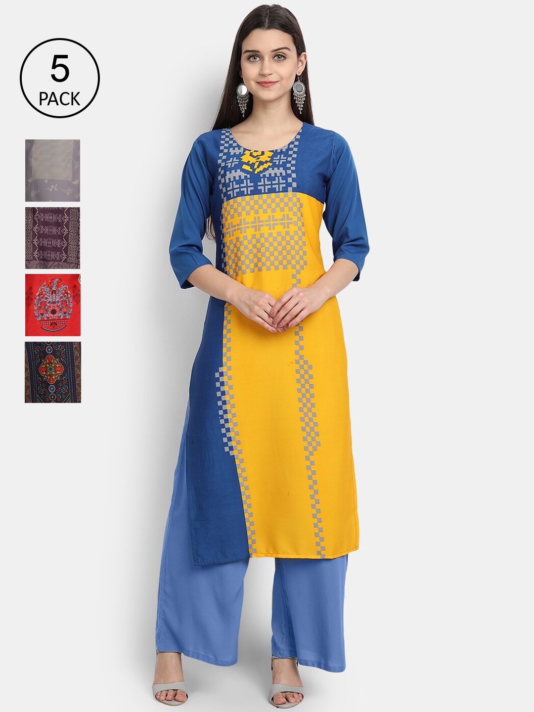 

7Threads Women Pack Of 5 Printed Crepe Kurtas, Yellow