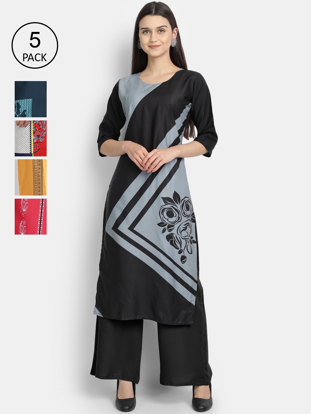 

7Threads Women Pack Of 5 Printed Crepe Kurtas, Black