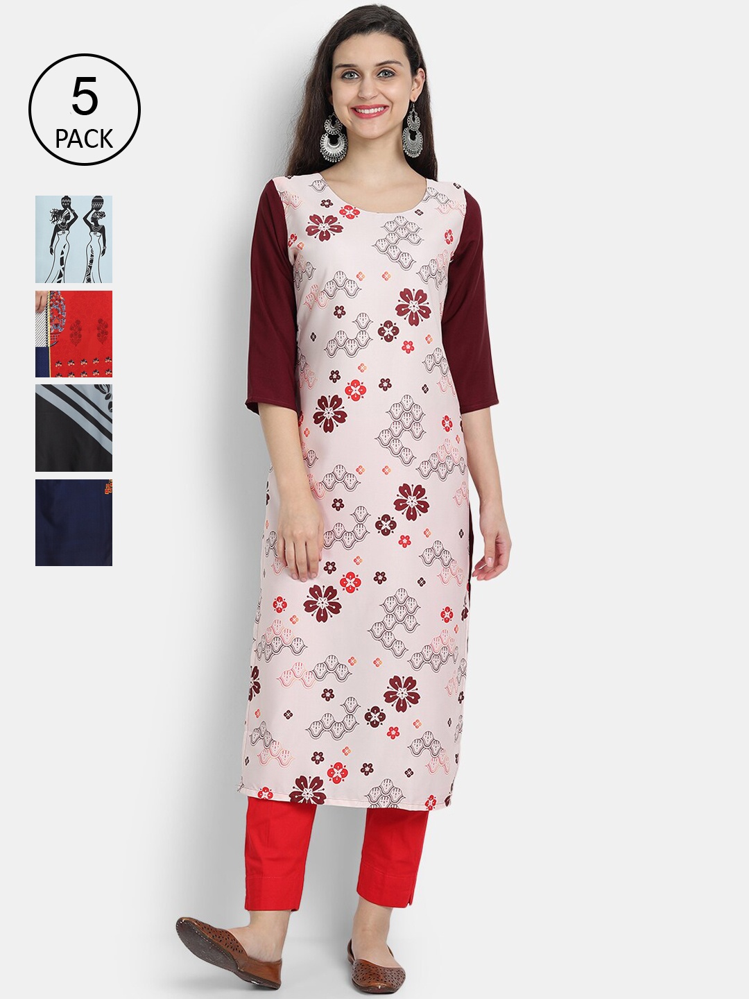 

7Threads Women Pack Of 5 Printed Crepe Kurtas, Pink