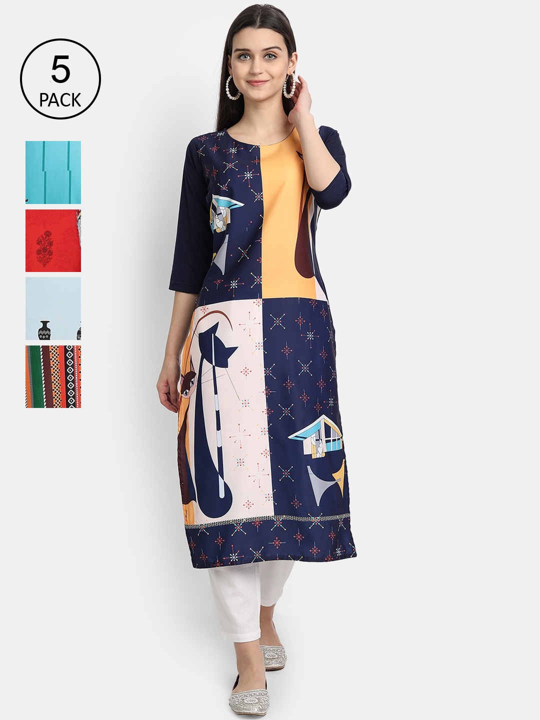 

7Threads Women Pack Of 5 Printed Crepe Kurtas, Navy blue