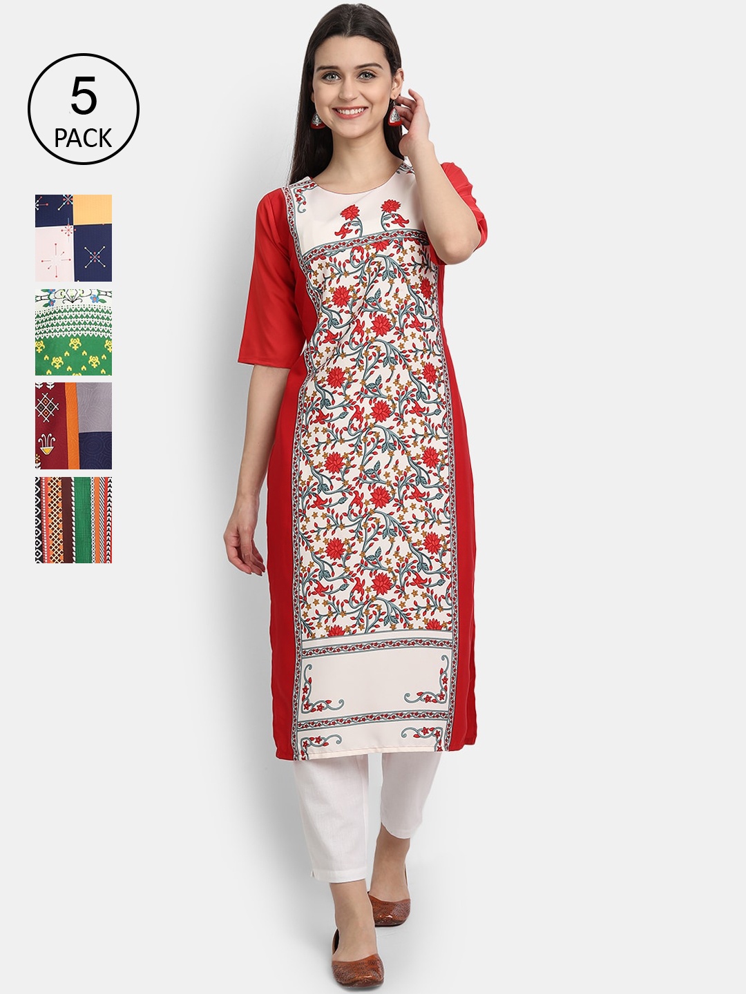 

7Threads Women Pack Of 5 Printed Crepe Kurtas, White