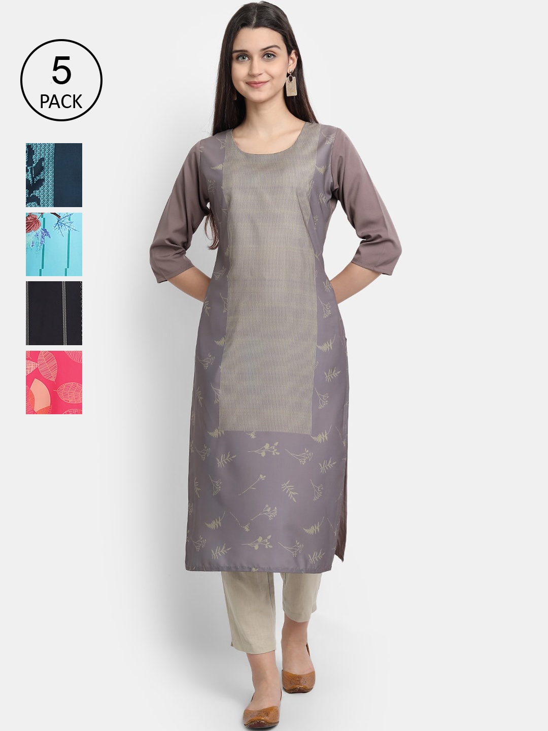 

7Threads Women Pack Of 5 Printed Crepe Kurtas, Grey