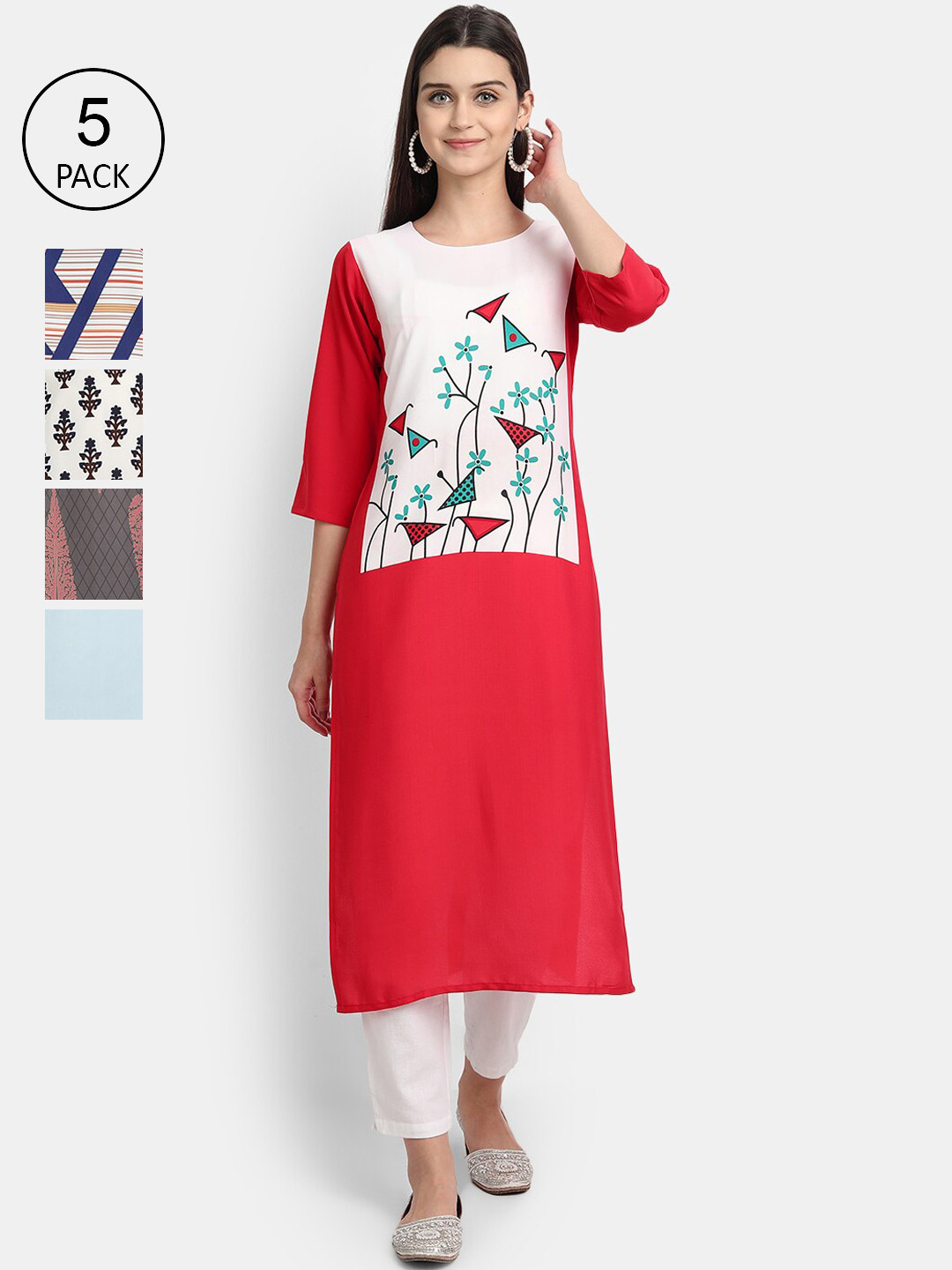 

7Threads Women Pack Of 5 Printed Crepe Kurtas, Red