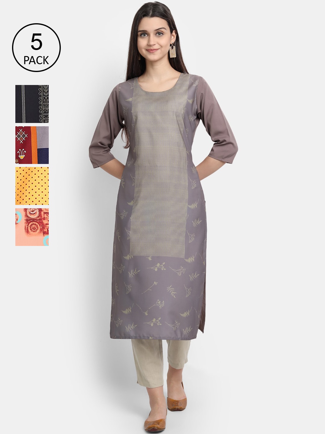 

7Threads Women Pack Of 5 Printed Crepe Kurtas, Grey