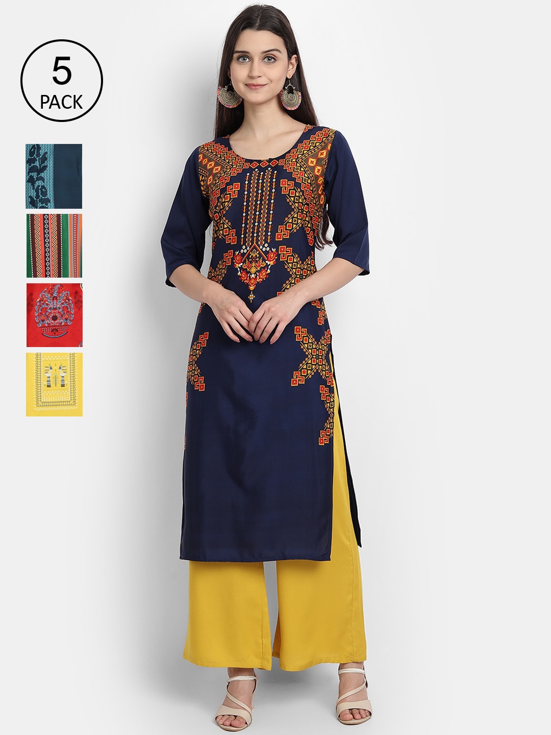 

7Threads Women Pack Of 5 Printed Crepe Kurtas, Navy blue