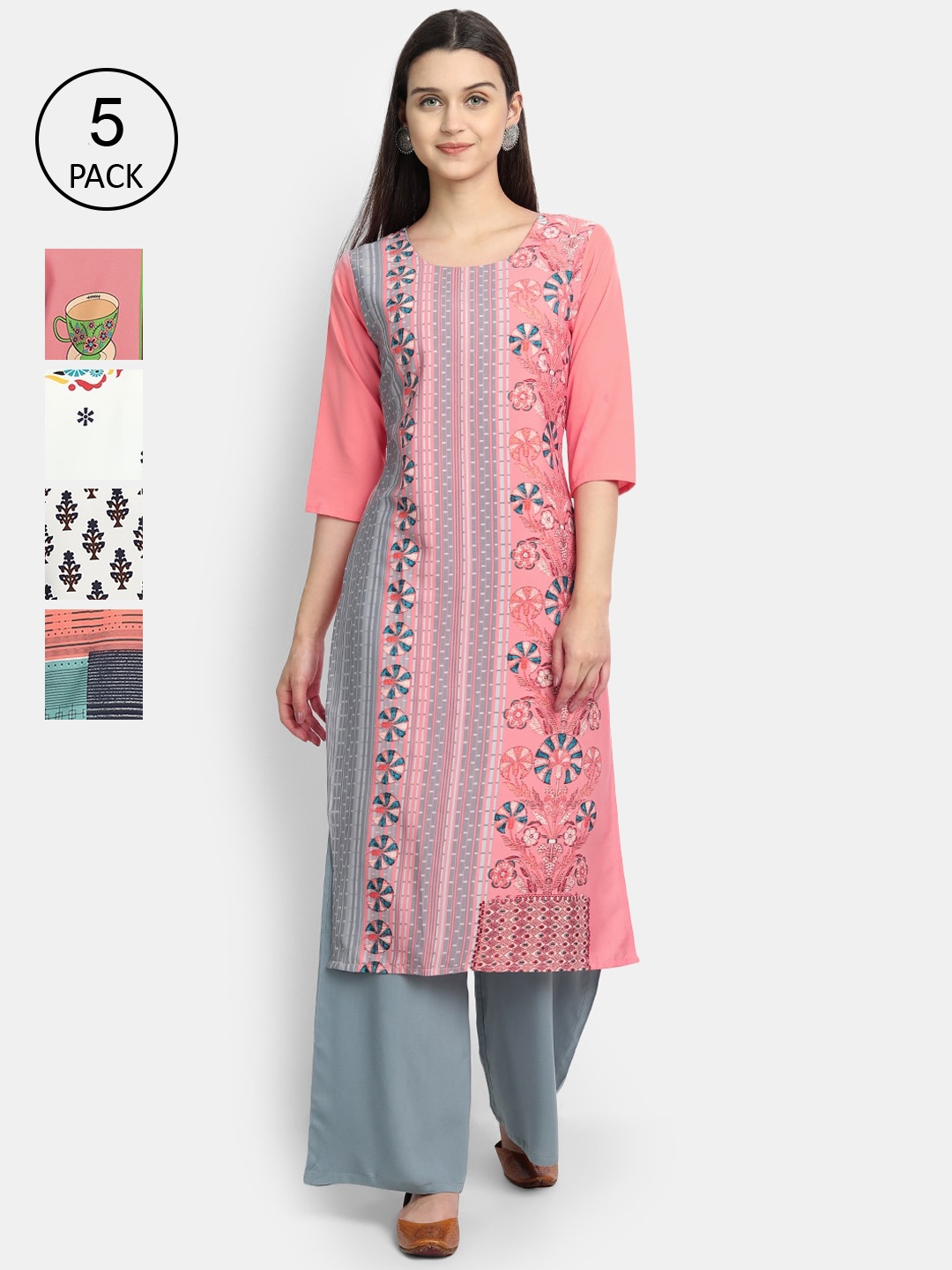 

7Threads Women Pack Of 5 Printed Crepe Kurtas, Pink