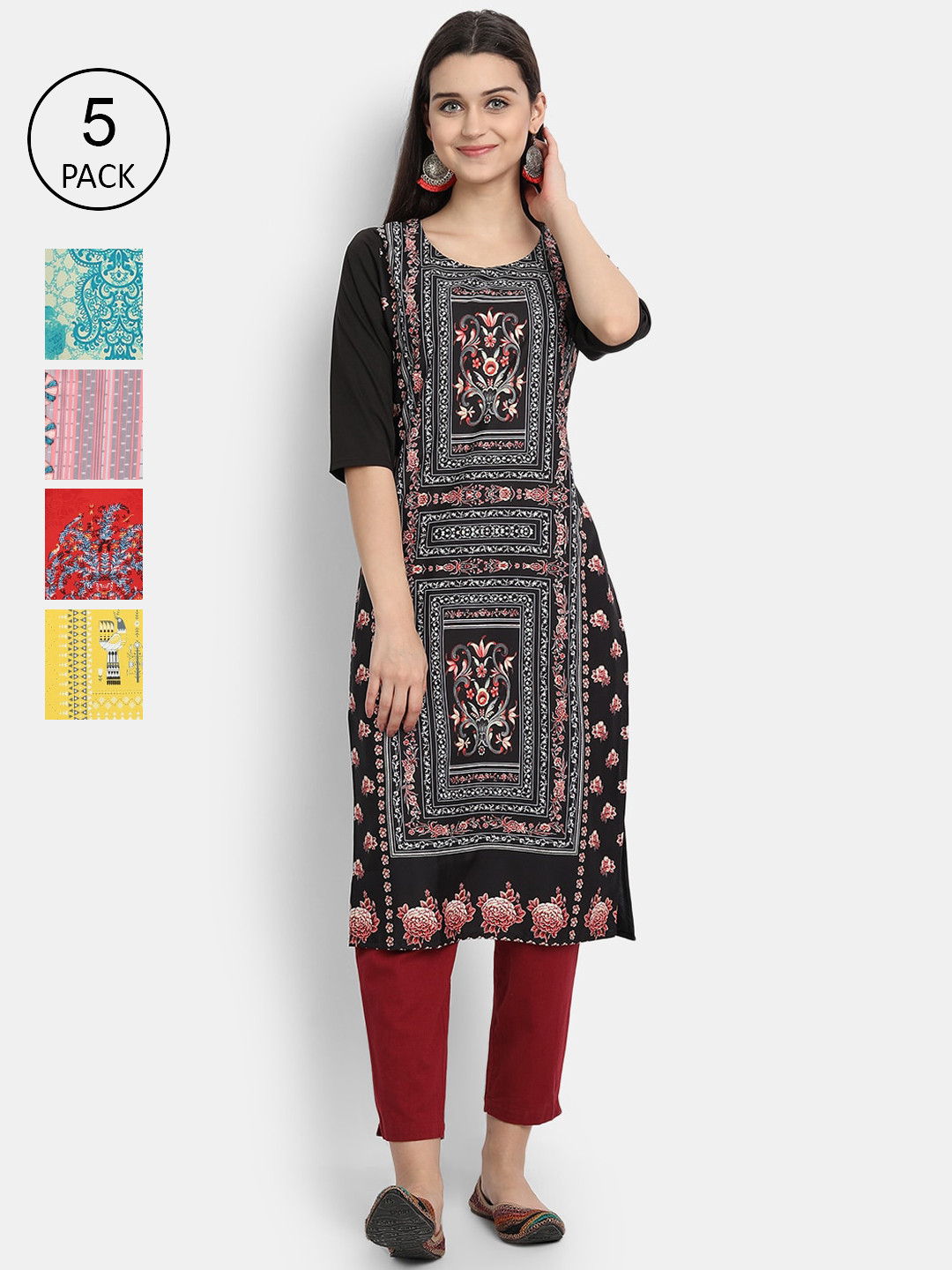 

7Threads Women Pack Of 5 Printed Crepe Kurtas, Black