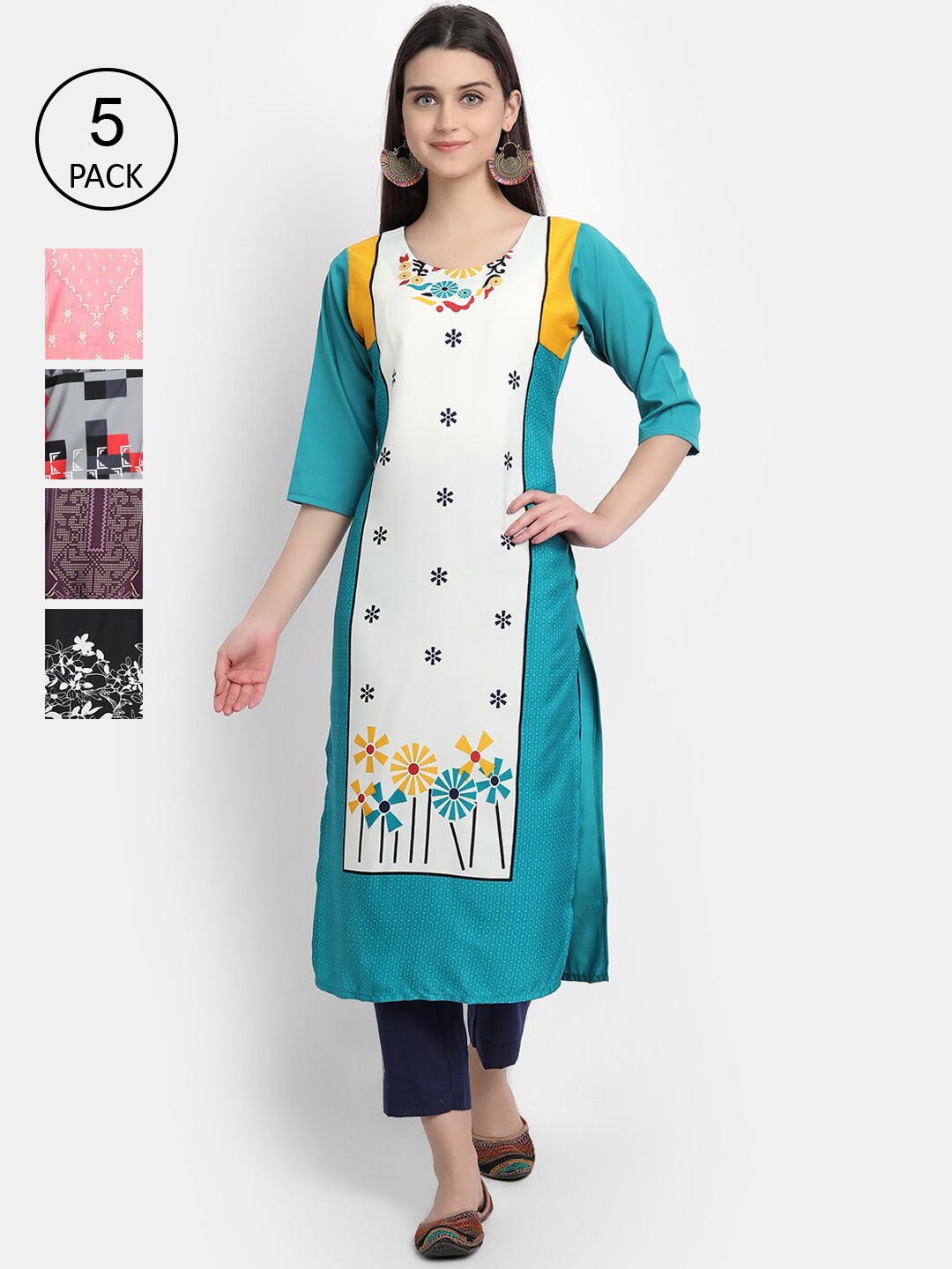 

7Threads Women Pack Of 5 Printed Crepe Kurtas, White