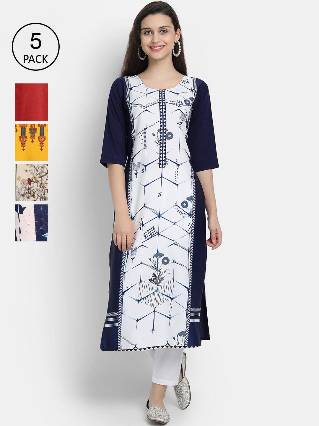 

7Threads Women Pack Of 5 Printed Crepe Kurtas, White