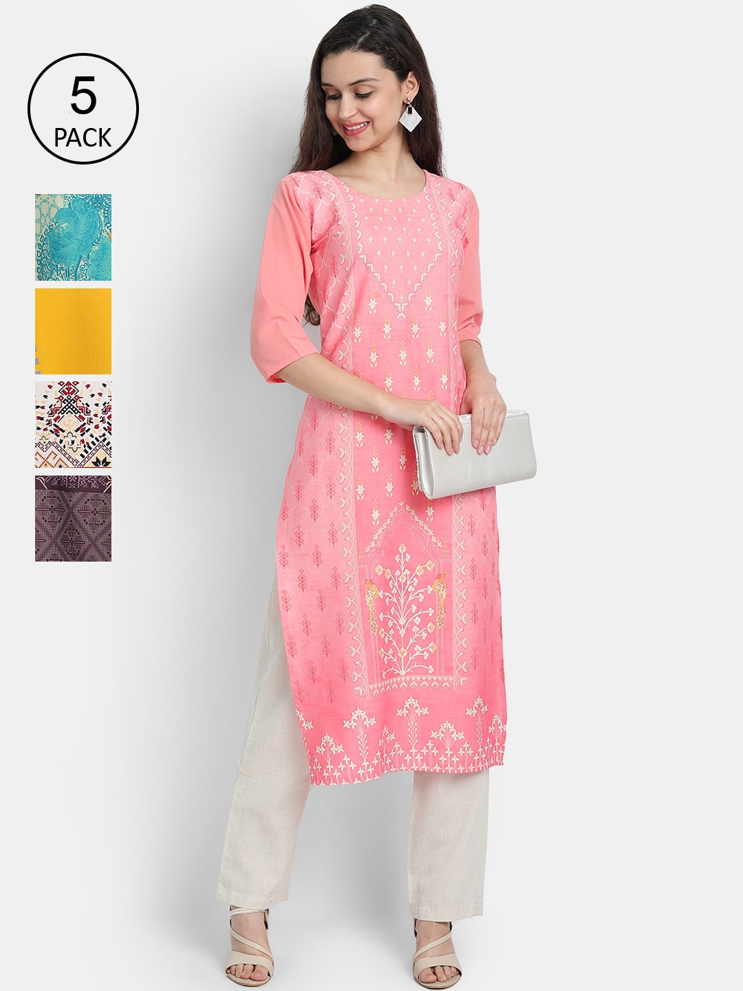 

7Threads Women Pack Of 5 Printed Crepe Kurtas, Pink
