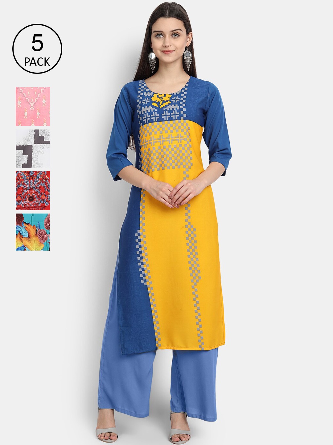 

7Threads Women Pack Of 5 Printed Crepe Kurtas, Yellow