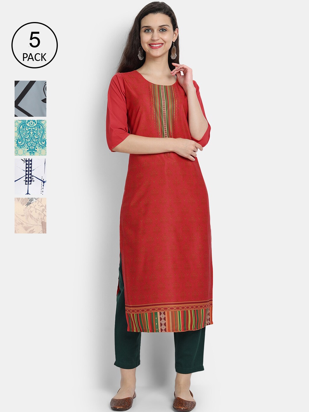 

7Threads Women Pack Of 5 Printed Crepe Kurtas, Red