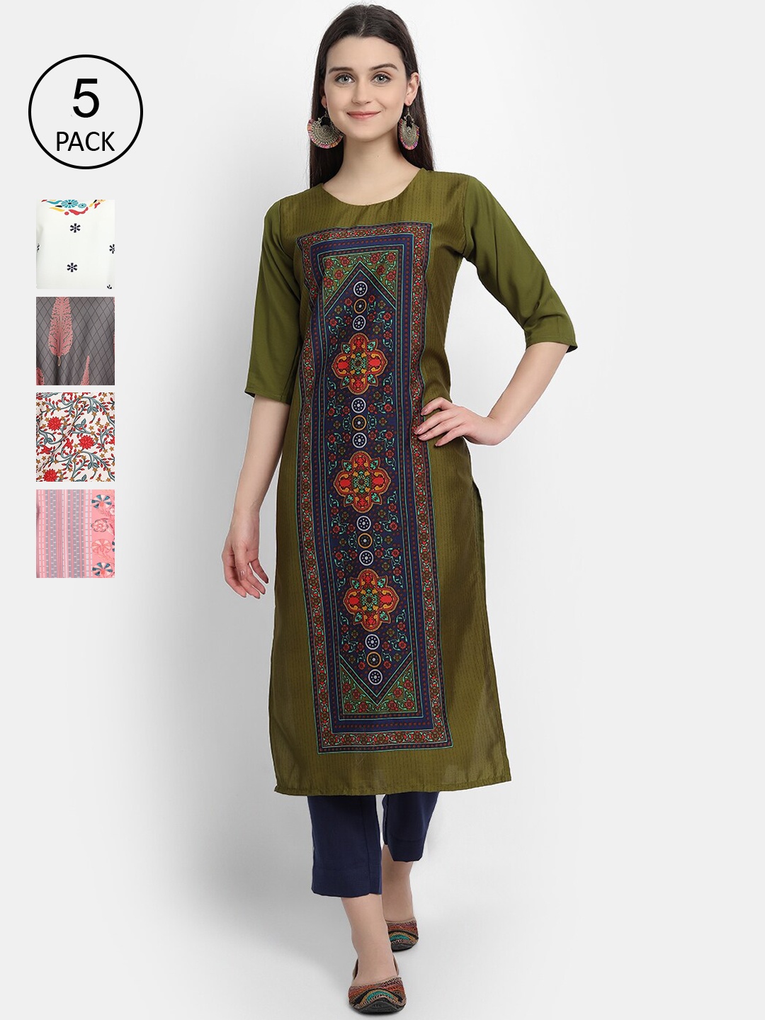 

7Threads Women Pack Of 5 Printed Crepe Kurtas, Green