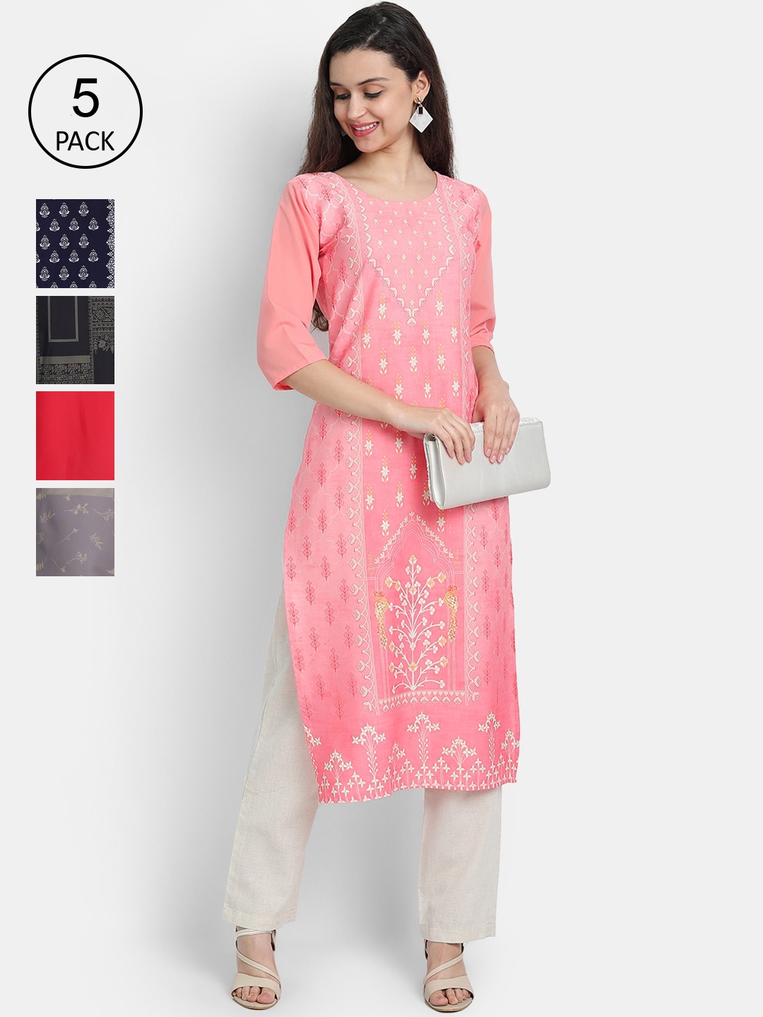 

7Threads Women Pack Of 5 Printed Crepe Kurtas, Pink