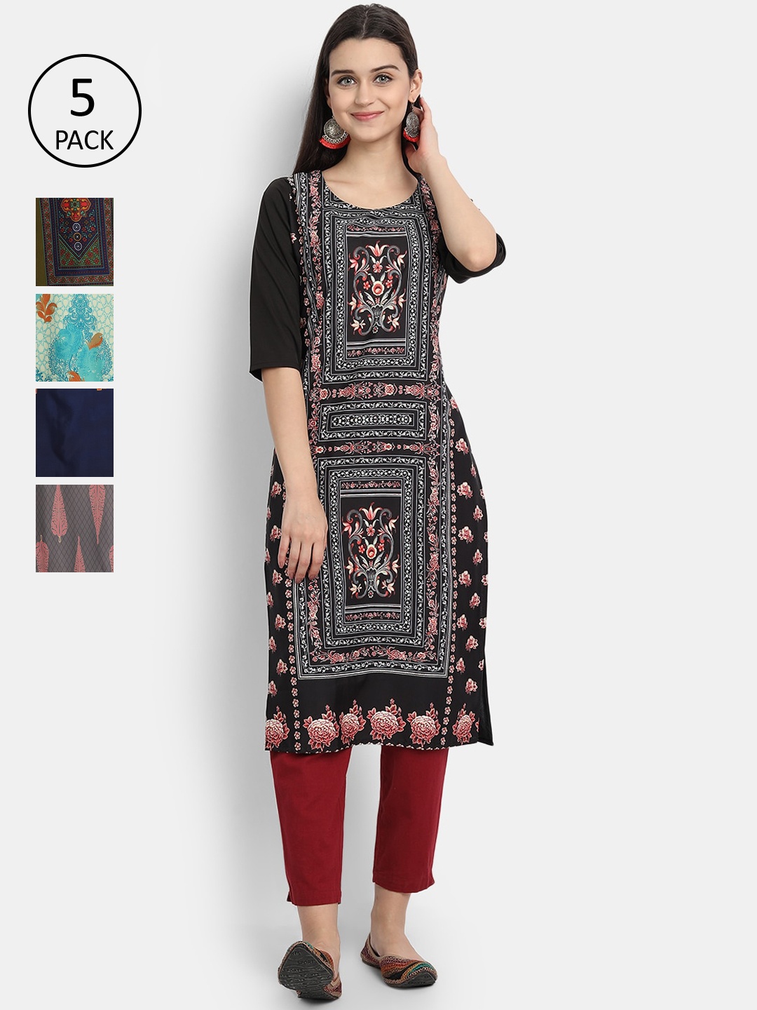 

7Threads Women Pack Of 5 Printed Crepe Kurtas, Black