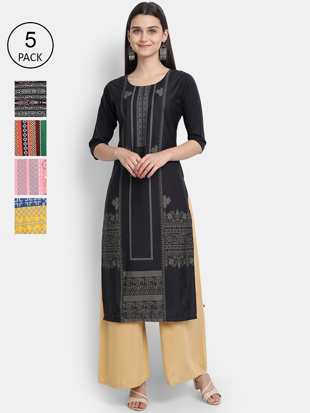 

7Threads Women Pack Of 5 Printed Crepe Kurtas, Black