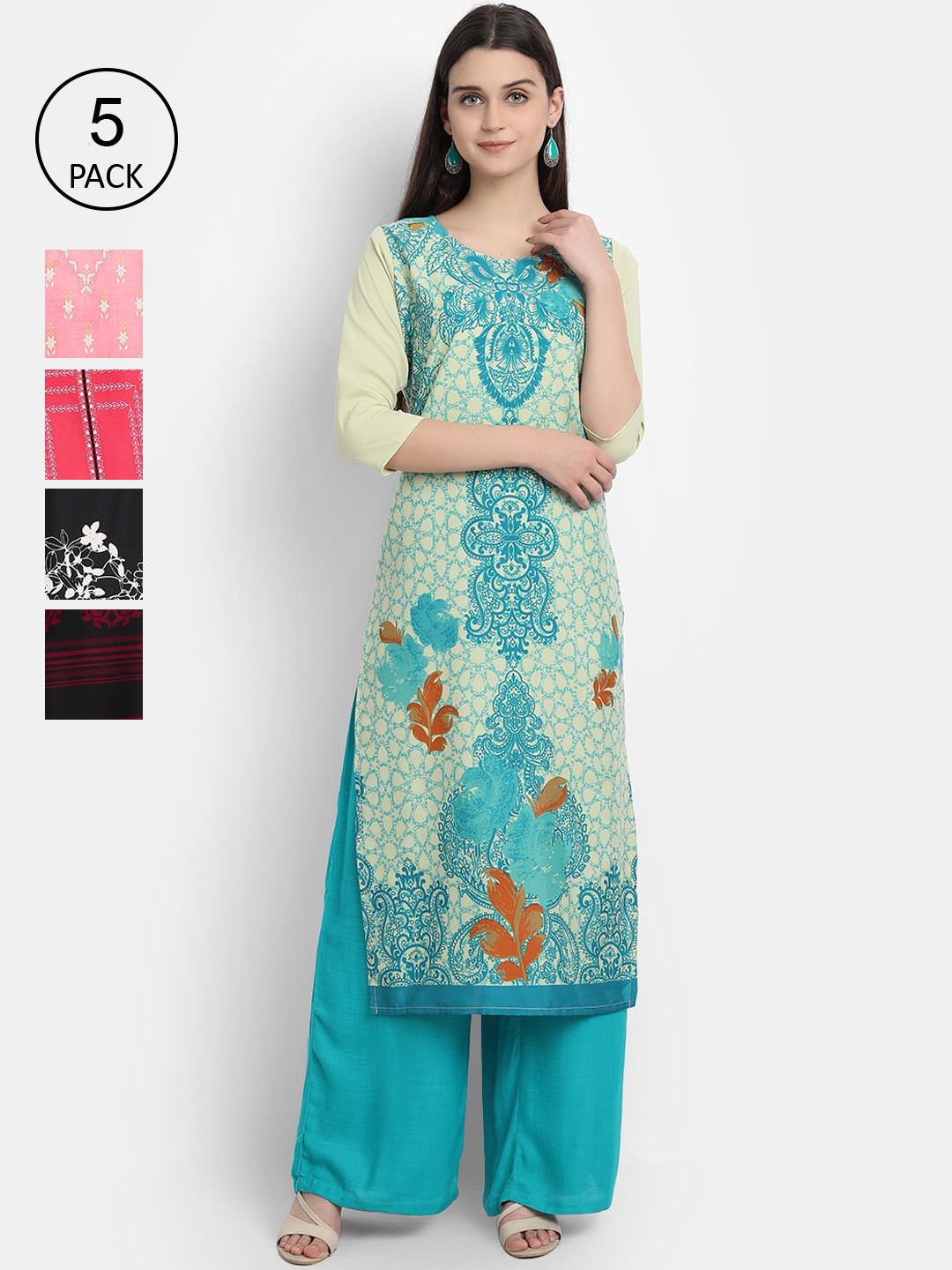 

7Threads Women Pack Of 5 Printed Crepe Kurtas, Green