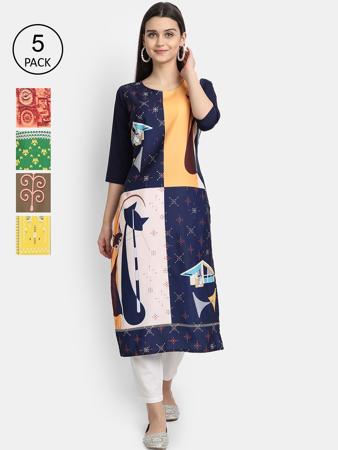 

7Threads Women Pack Of 5 Printed Crepe Kurtas, Navy blue