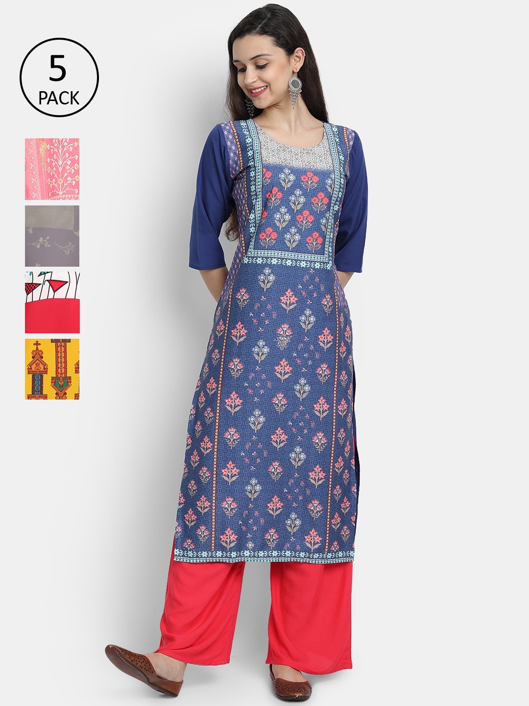 

7Threads Women Pack Of 5 Digital Printed Straight Kurtas, Multi