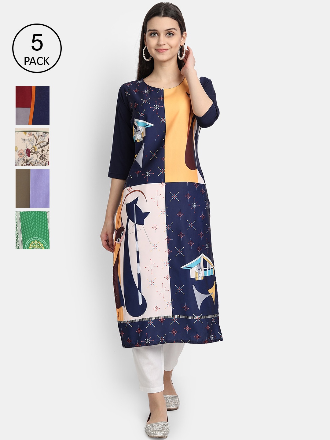 

7Threads Women Pack Of 5 Digital Printed Straight Kurtas, Multi