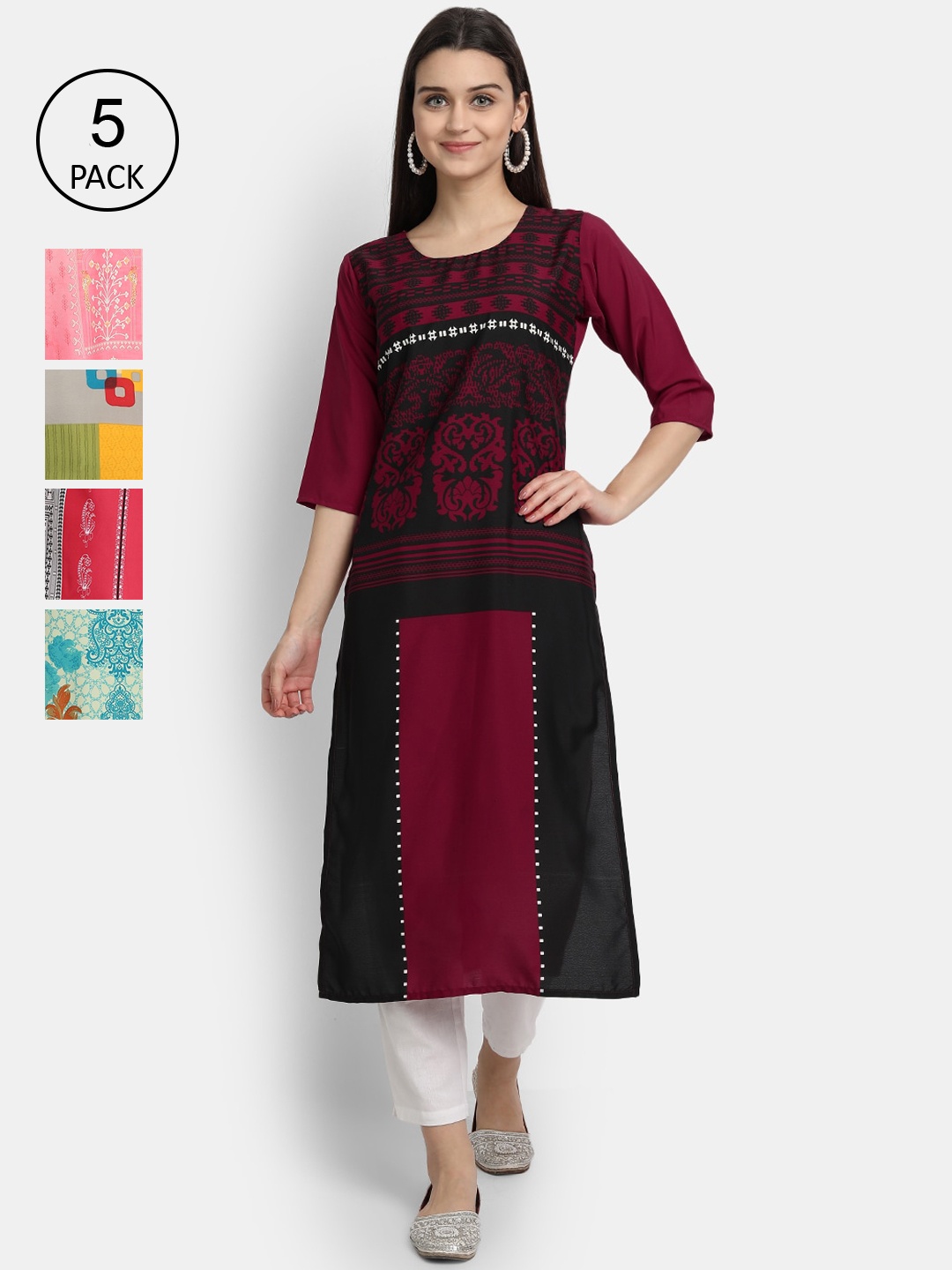 

7Threads Women Pack Of 5 Digital Printed Straight Kurtas, Multi