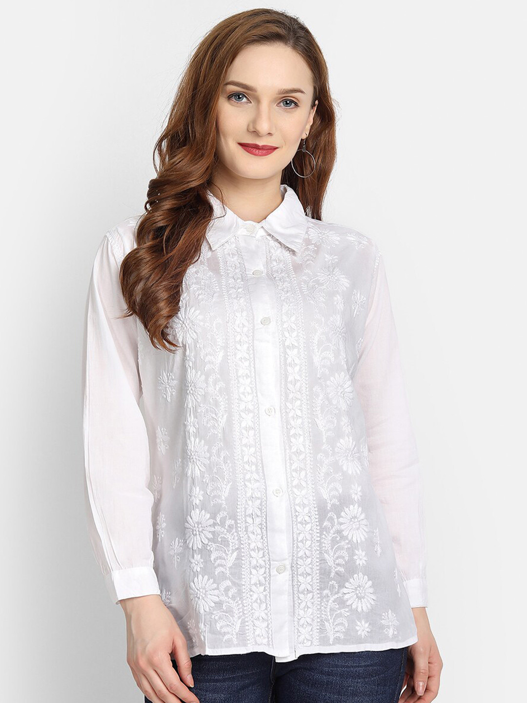 

HOUSE OF KARI White Shirt Collar Embroidered Tunic
