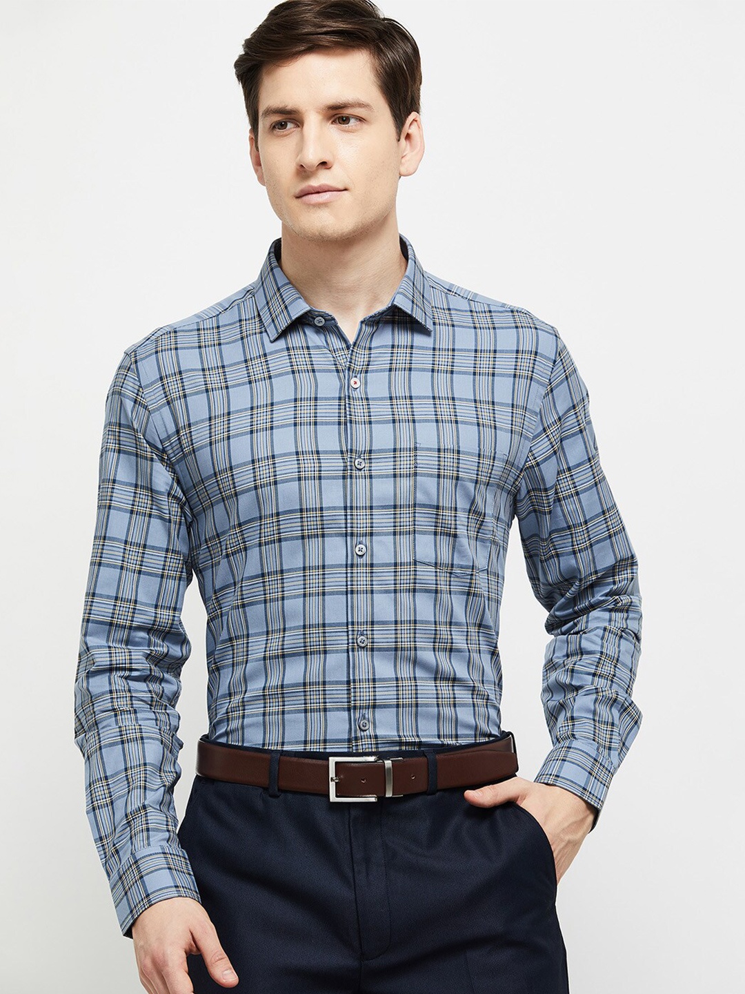 

max Men Grey Tartan Checks Checked Casual Shirt