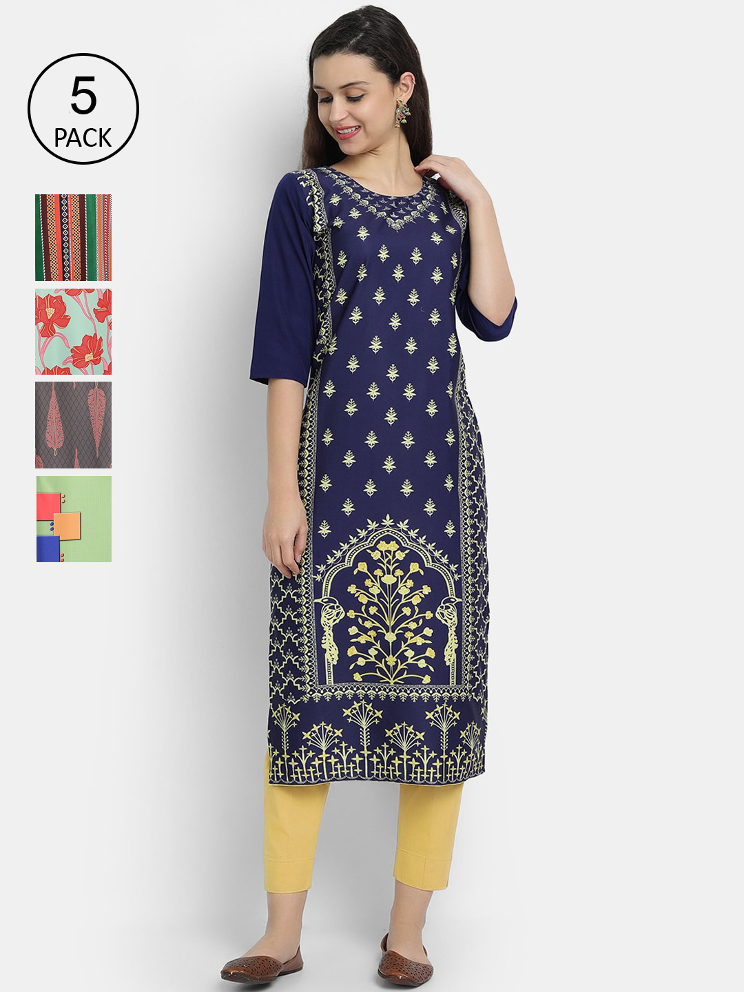 

7Threads Women Pack Of 5 Kurtas, Green