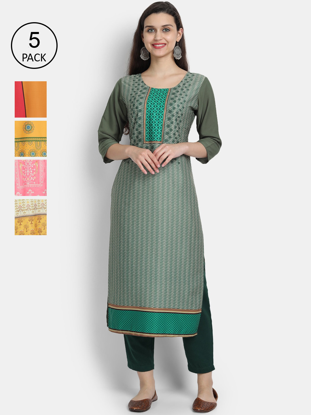 

7Threads Women Multicoloured Bandhani Embroidered Keyhole Neck Mirror Work Crepe Kurta, Multi