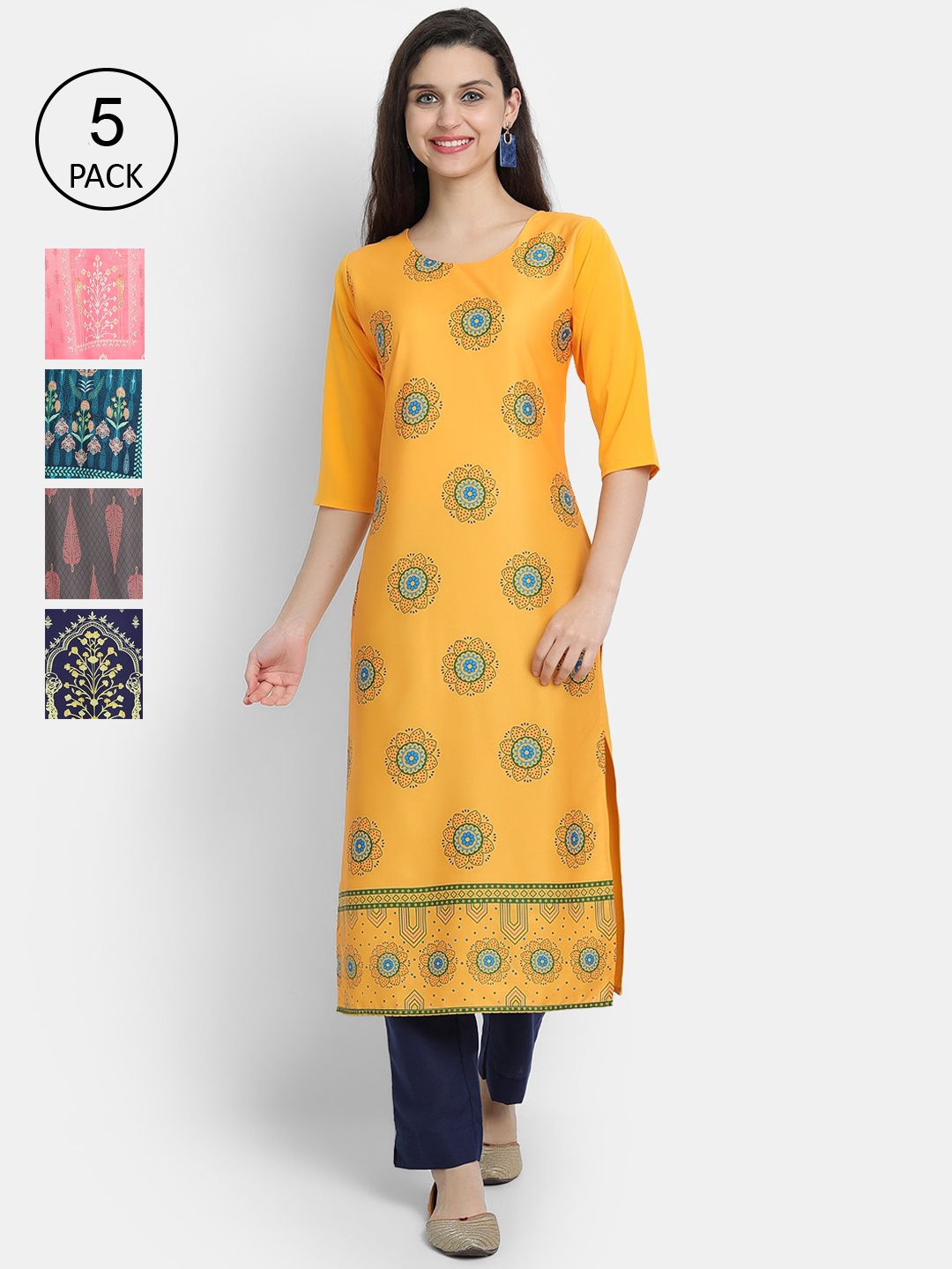 

7Threads Women Pack Of 5 Kurtas, Yellow