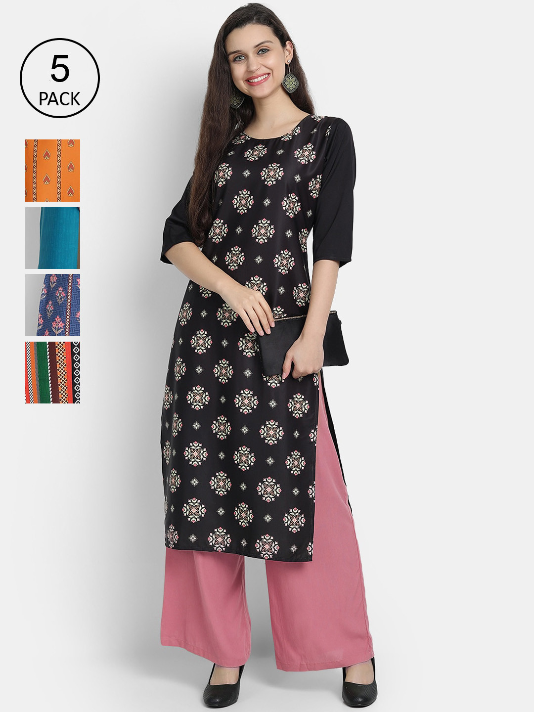 

7Threads Women Pack Of 5 Kurtas, Black