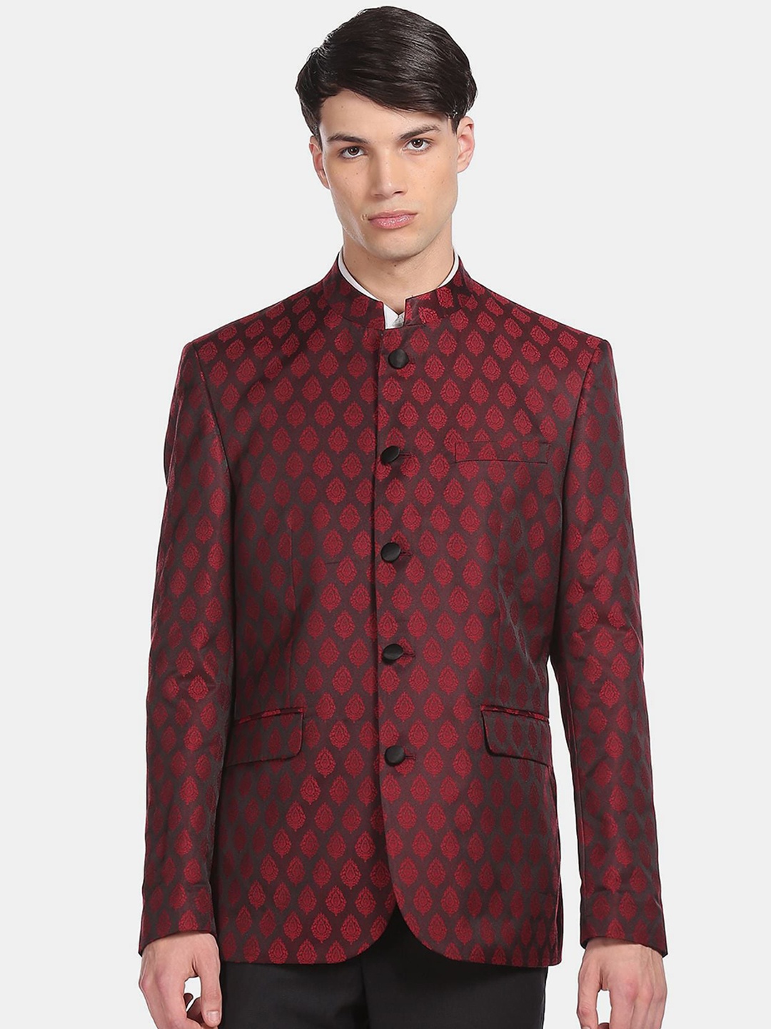 

Arrow Men Maroon Printed Bandhgala Blazer