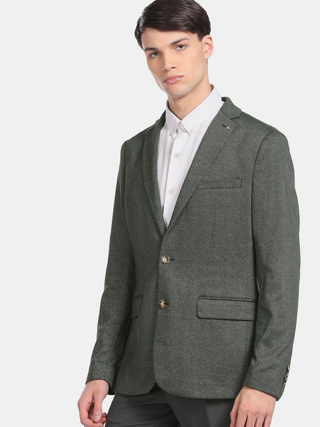 

Arrow Men Green Self Design Single Breasted Blazer
