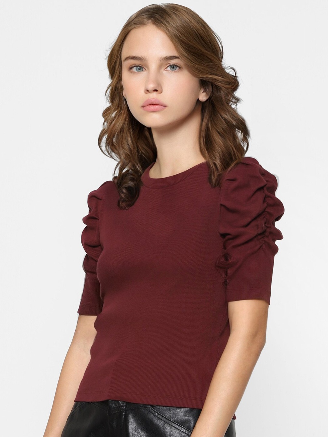 

ONLY Maroon Puff Sleeved Top