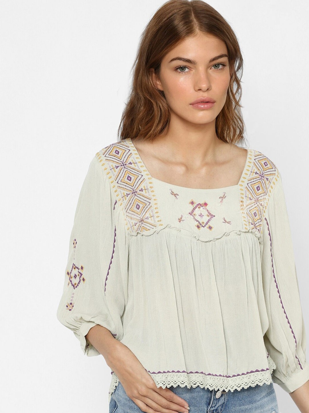 

ONLY Sea Green & Yellow Geometric Embroidered Top