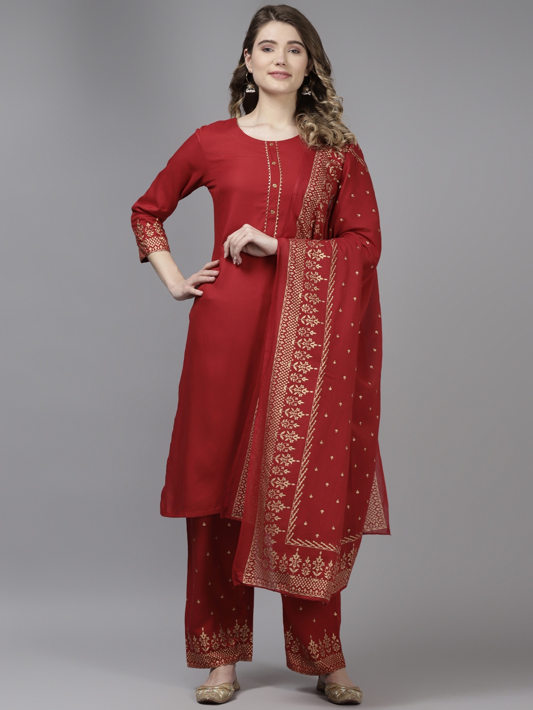 

ANAISA Women Maroon & Gold-Toned Kurta with Palazzos & Dupatta