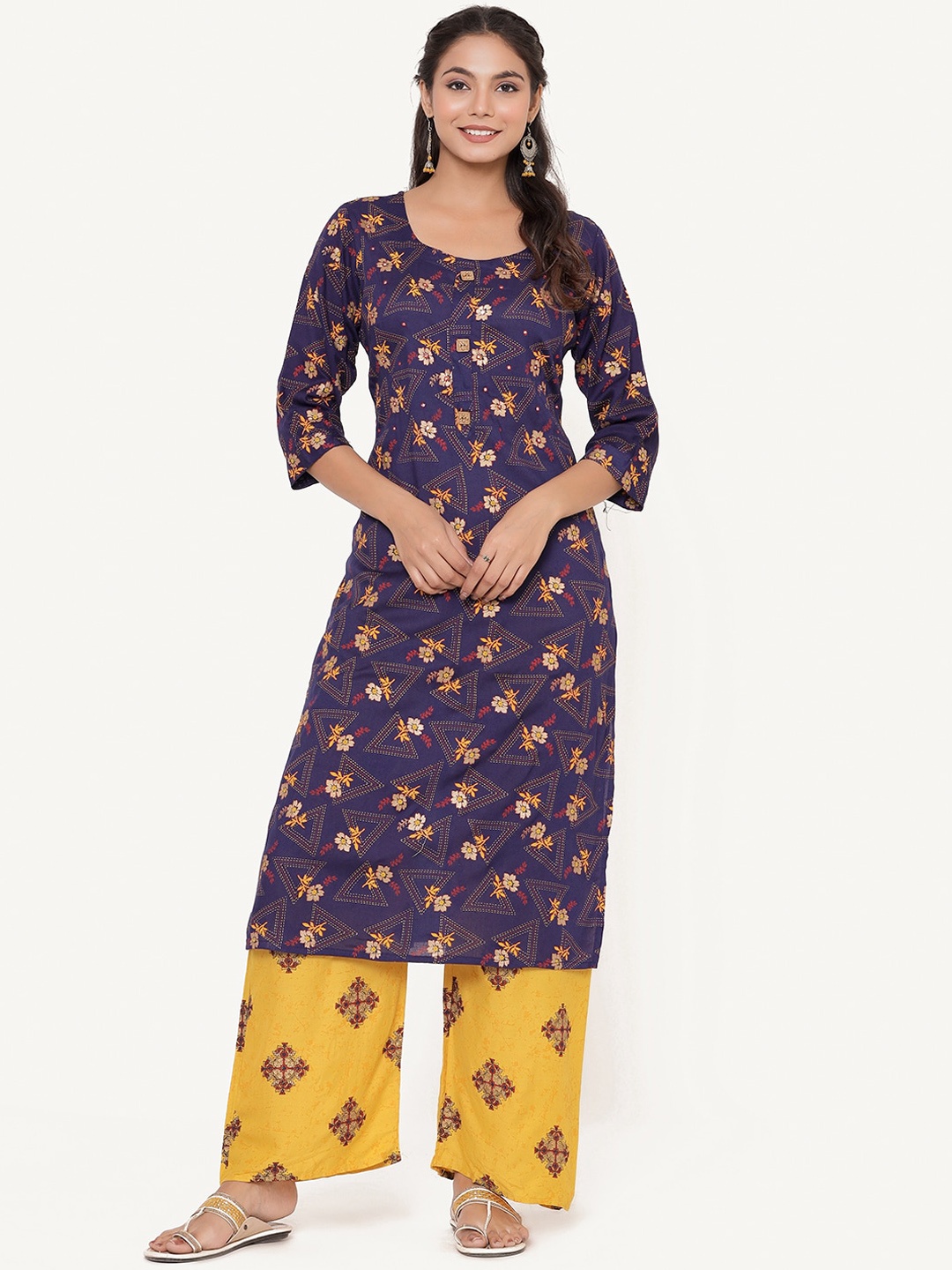 

ANAISA Women Blue Floral Printed Mirror Work Kurta with Palazzos