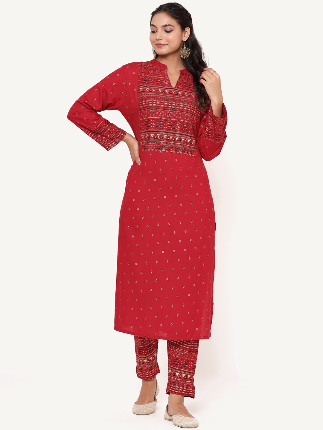 

ANAISA Women Red Yoke Design Mirror Work Kurta with Trousers