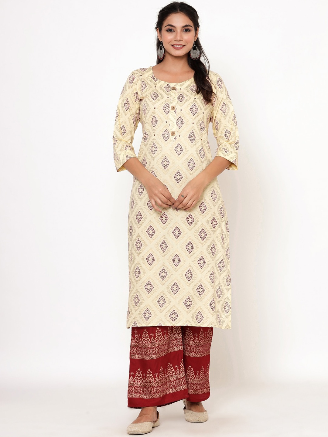 

ANAISA Women Beige & Maroon Woven Design Mirror Work Kurta with Palazzos