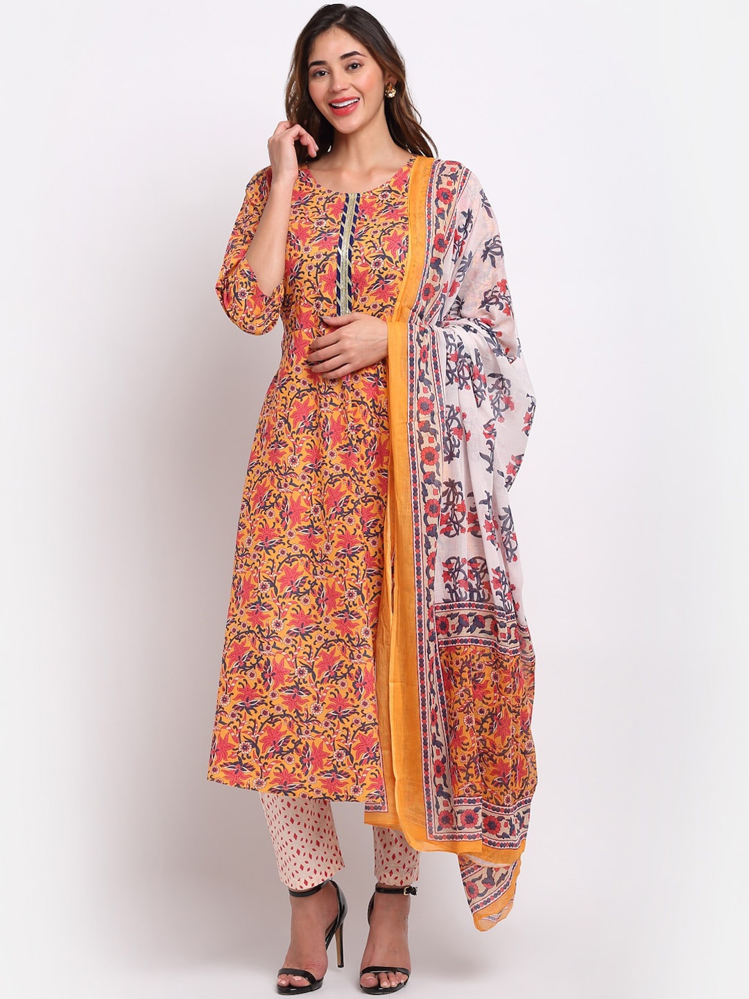 

ANAISA Women Mustard Yellow Printed Layered Pure Cotton Kurta with Trousers & Dupatta