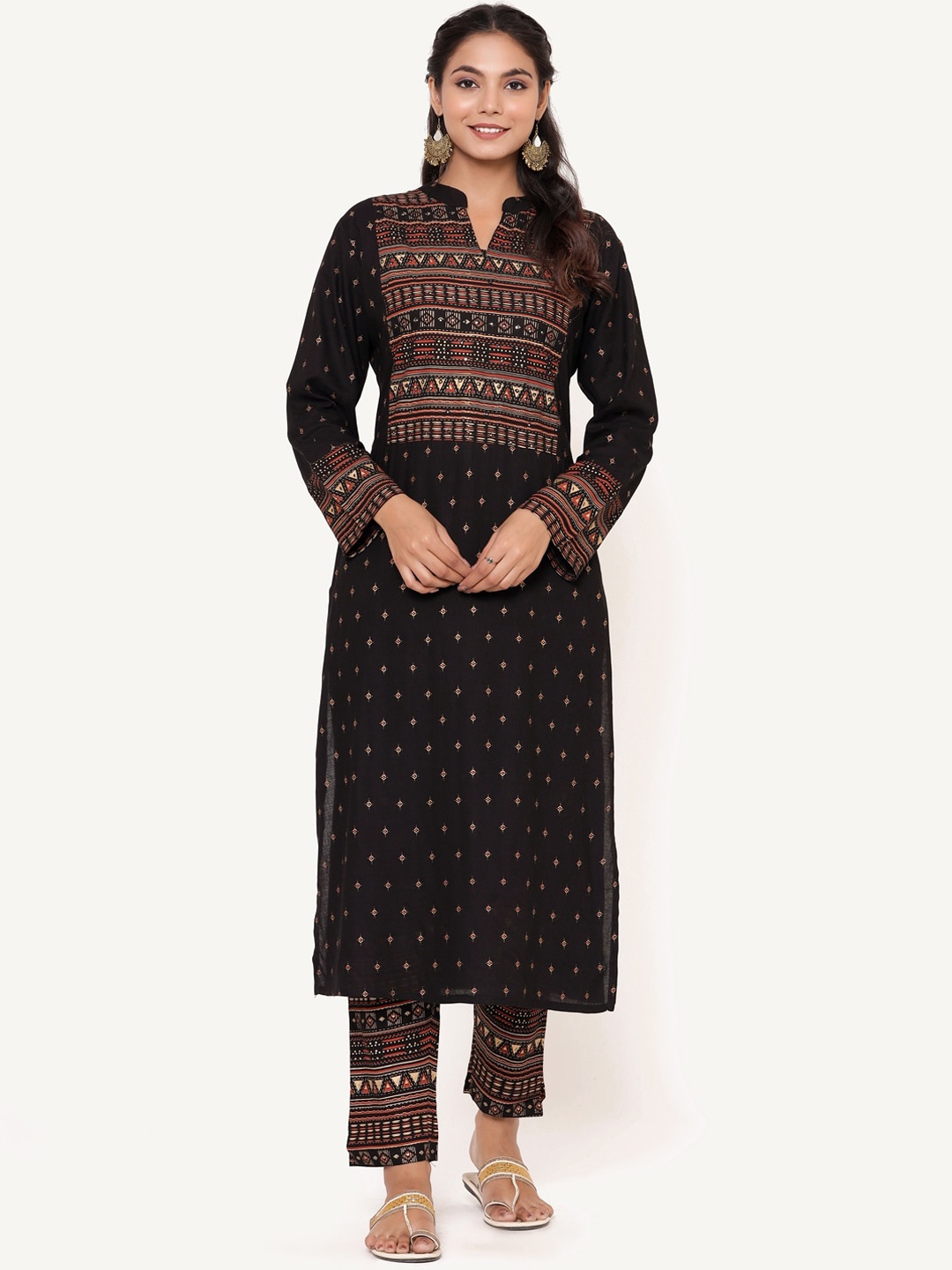 

ANAISA Women Black Yoke Design Mirror Work Kurta with Trousers