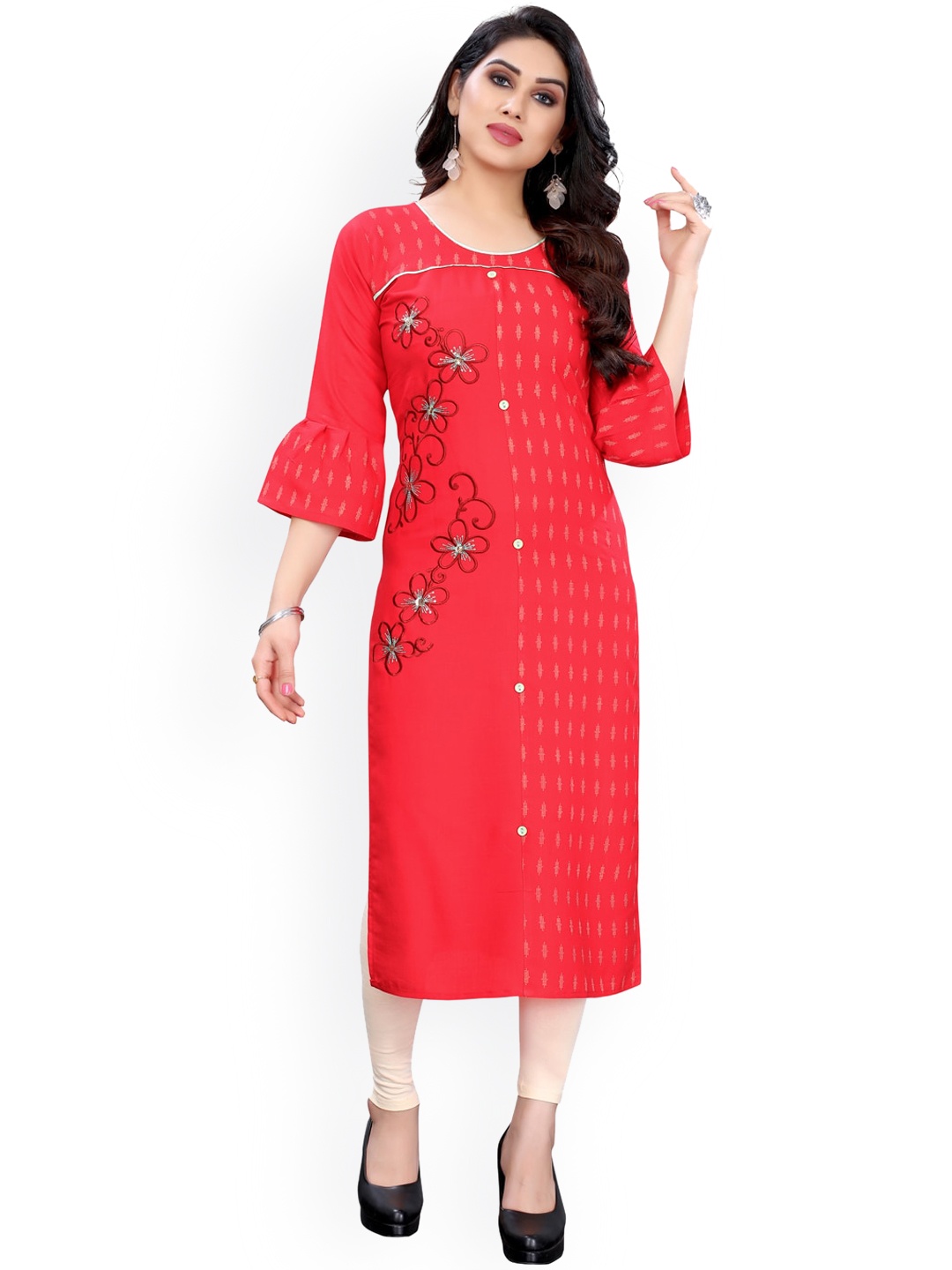 

KALINI Women Pink Geometric Embroidered Flared Sleeves Thread Work Kurta