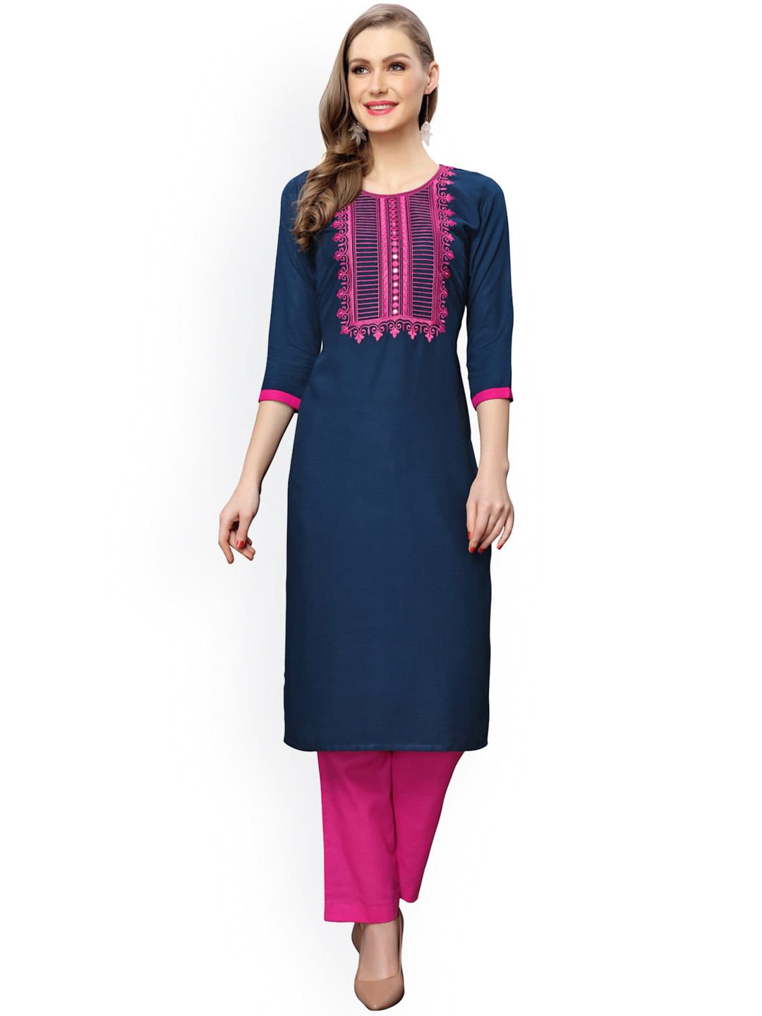 

KALINI Women Navy Blue & Pink Geometric Yoke Design Mirror Work Kurta