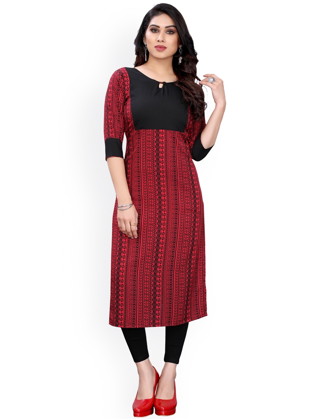 

KALINI Women Red & Black Geometric Printed Keyhole Neck Crepe Kurta