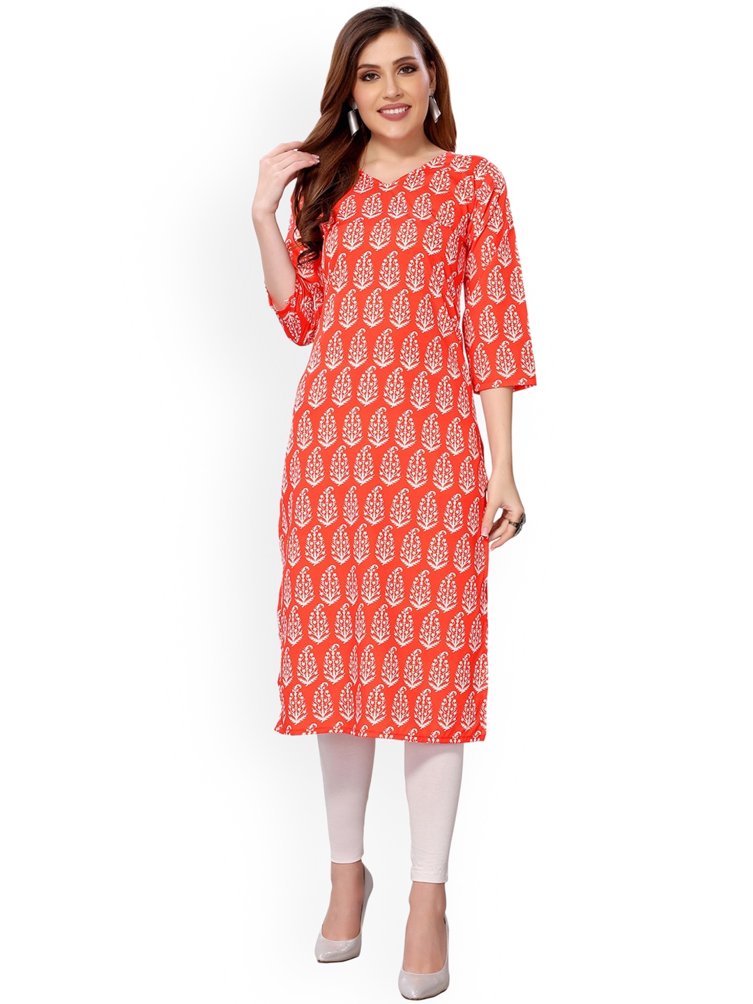 

KALINI Women Orange Ethnic Motifs Printed Flared Sleeves Crepe Kurta