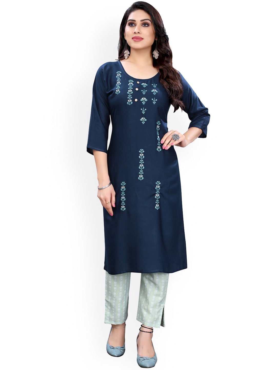 

KALINI Women Blue & White Geometric Embroidered Kurta