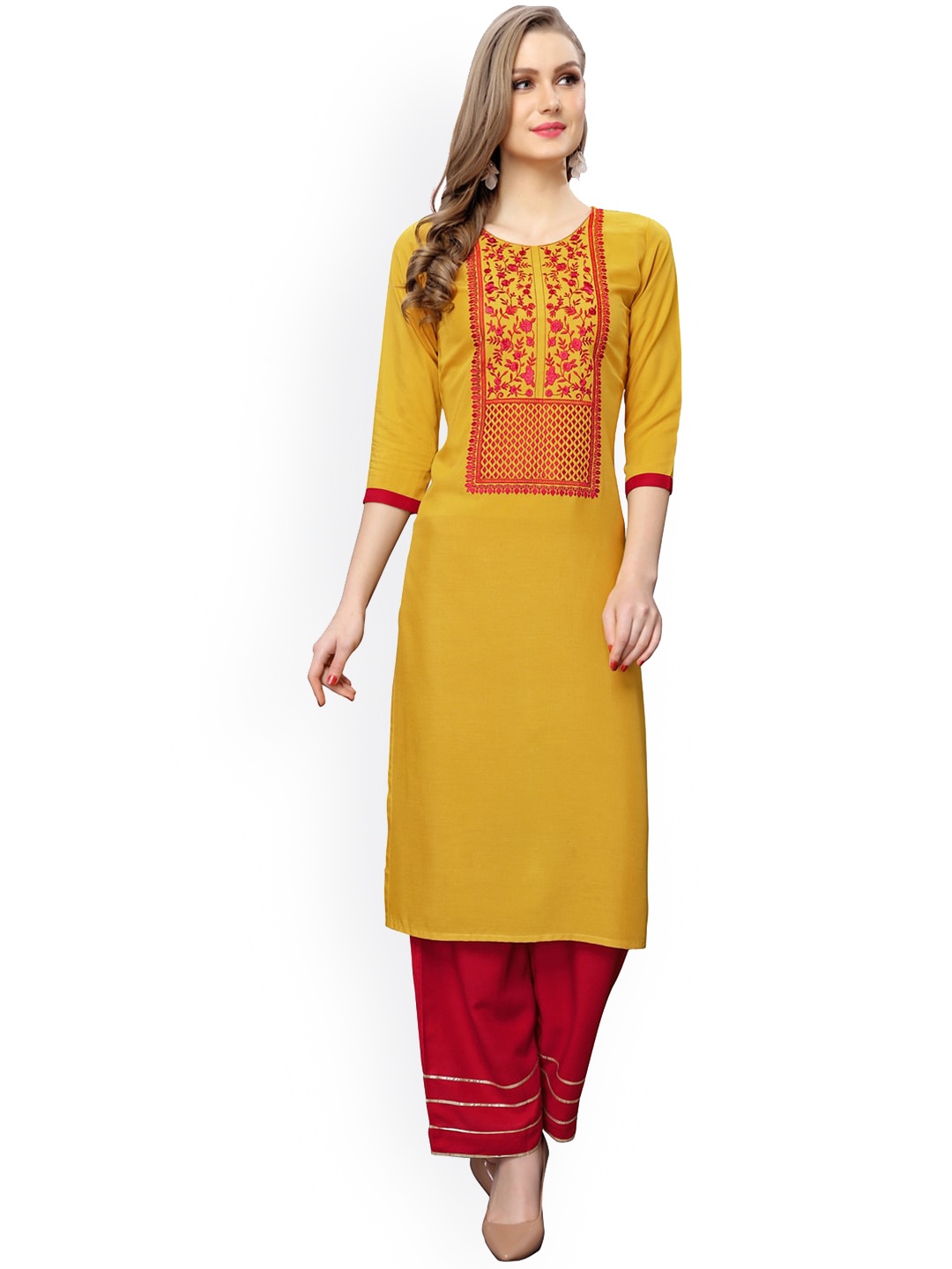 

KALINI Women Yellow & Red Ethnic Motifs Yoke Design Thread Work Kurta