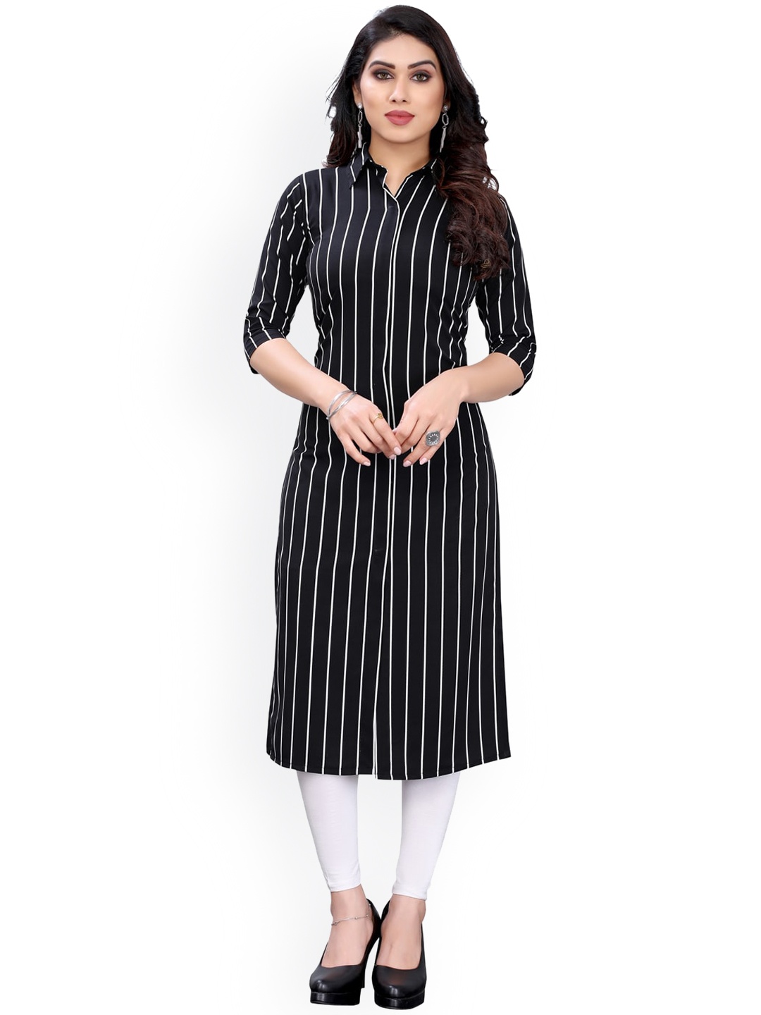 

KALINI Women Black & White Striped Thread Work Crepe Kurta