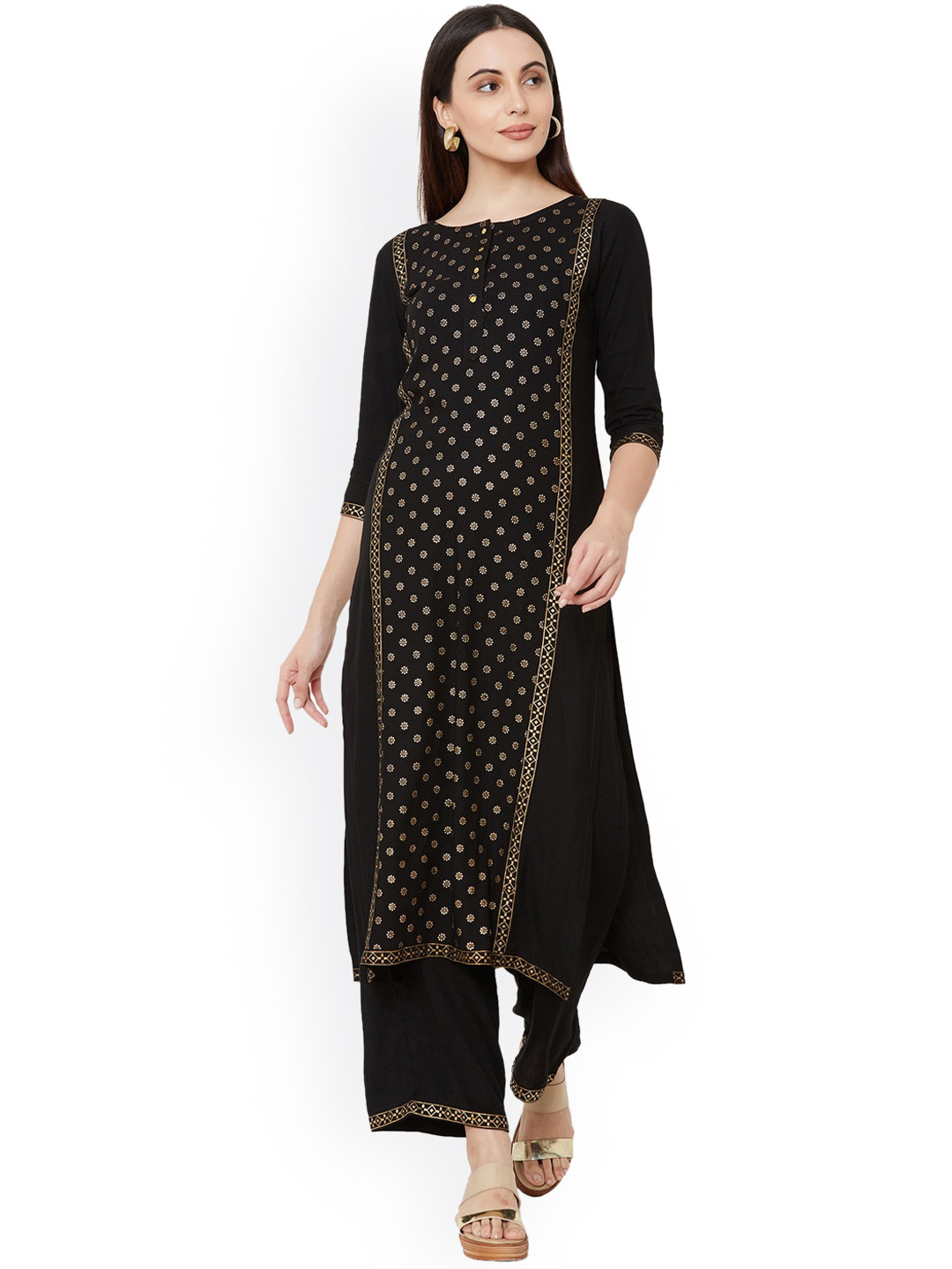 

KALINI Women Black & Gold-Toned Ethnic Motifs Foil Print Kurta